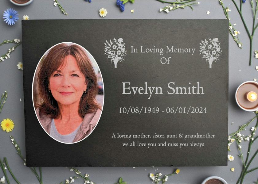 Memorials Direct Photo Slate Memorial Plaque, Mixed Flowers, Add a Portrait & Personalised Text | 35×25cm (14×10”)