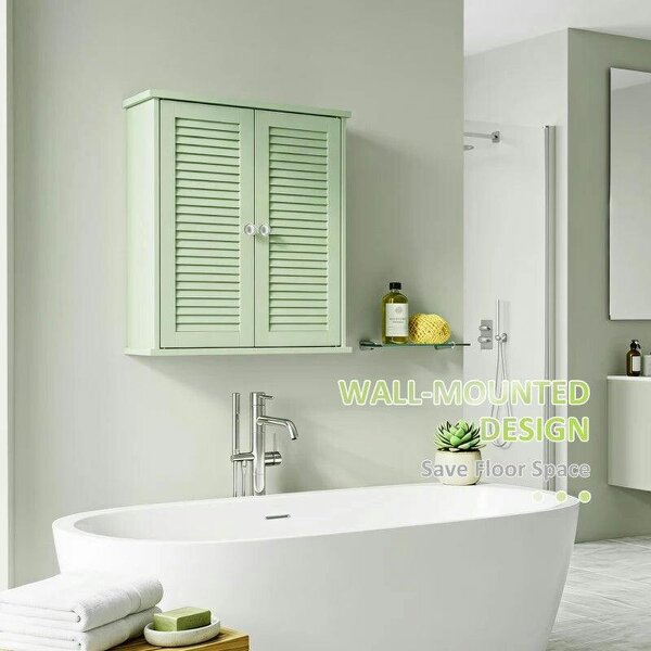 Bathroom Cabinet, Bathroom Wall Cabinet with Louvered Doors and Adjustable Shelf Storage for Kitchen, Light Green