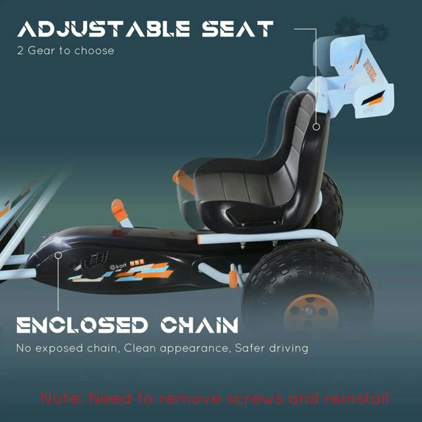 Light blue kids pedal go-kart with enclosed chain cover, adjustable seat, and orange wheels