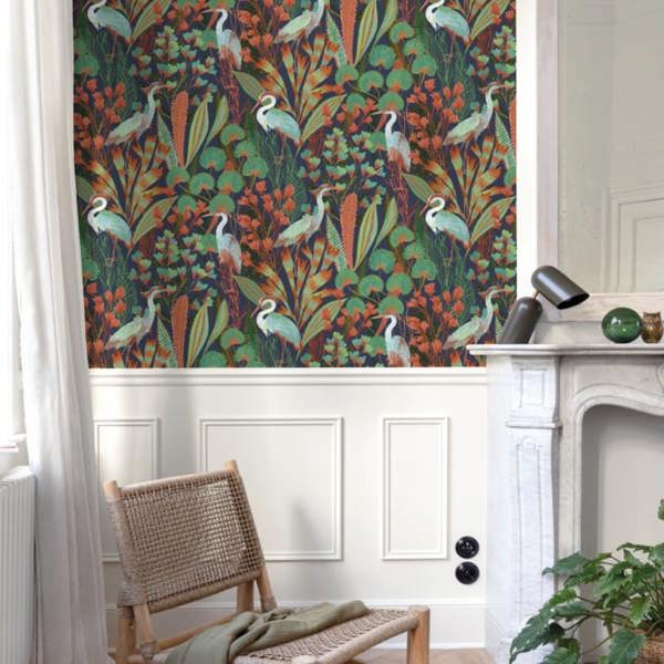 Grandeco Tropical Crane Navy Textured Wallpaper, Navy Green Pink