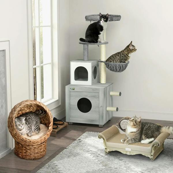 Grey cat tree litter box with enclosed house, round door, platforms, and hammock for cats
