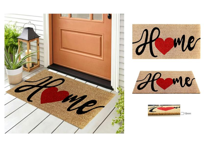 A.Unique Home 15mm Coir Doormat Non-Slip PVC Back - Heart Home 40x80cm