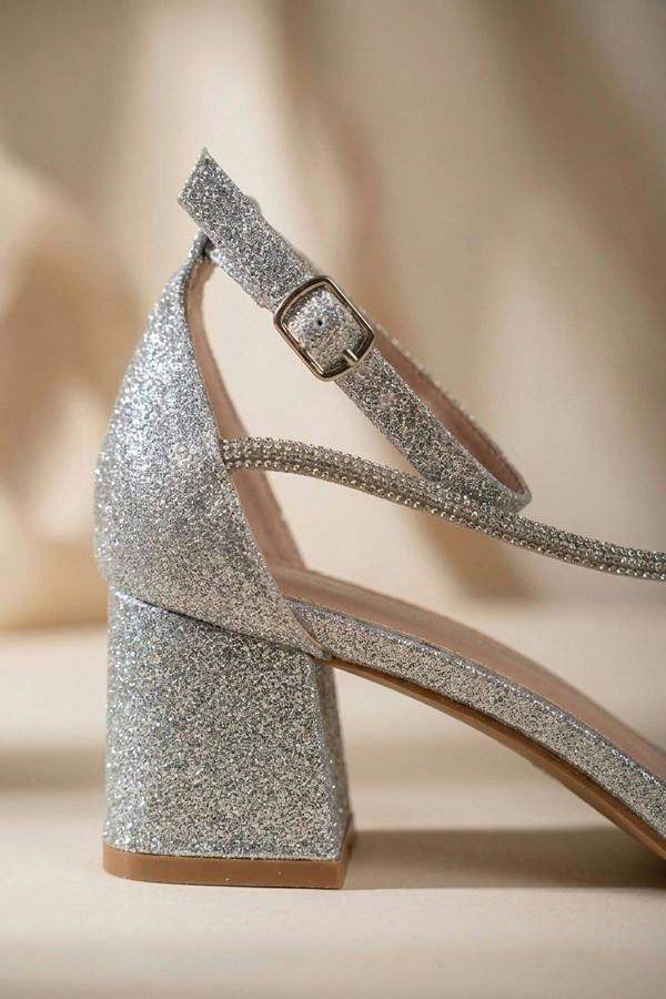 Saoirse Glitter Block Heel Strappy Sandals - Silver