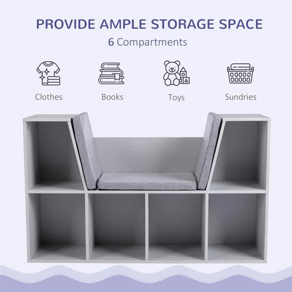 Gray kids bookcase with six compartments and cushioned seat across the top