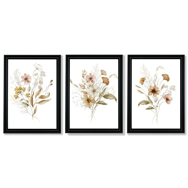 Autumn Wild Flower Bouquets Set of 3 Framed Art Prints with Vermeer Black Frames