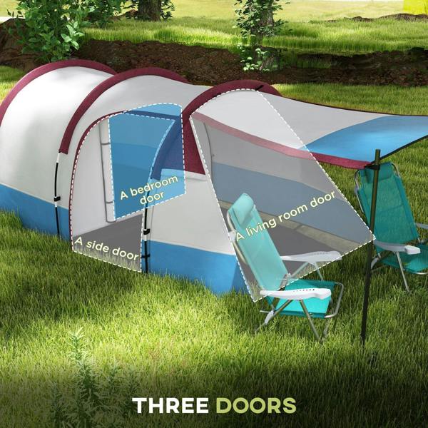 Three-door tunnel camping tent with red-and-blue sides, open entry door and side door.