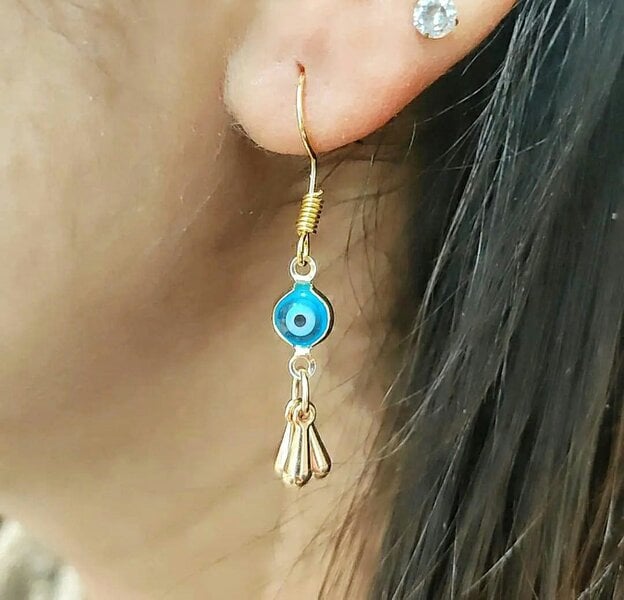 The Colourful Aura Handmade Evil Eye Protection Greek Lucky Eye Gold Dangle Drop Earrings