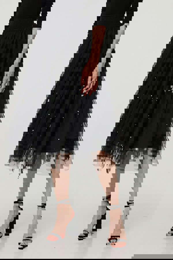 Black | Reversible Hanky Hem Mesh & Knit Midi Skirt
