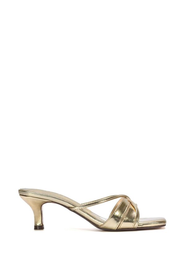 XY LONDON Mid Heeled Sandal Slip On Mules With Square Toe - Gold