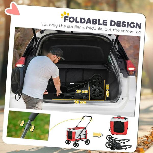 Foldable dog stroller shown in a car trunk with size markings and bundled frame