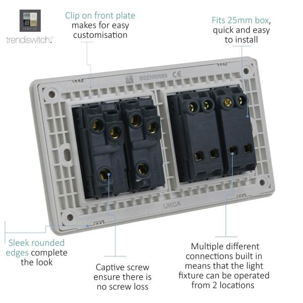 Trendi Switch 4 Gang Light Switch (2x 1 or 2 Way & 2 x Intermediate)in Warm Grey