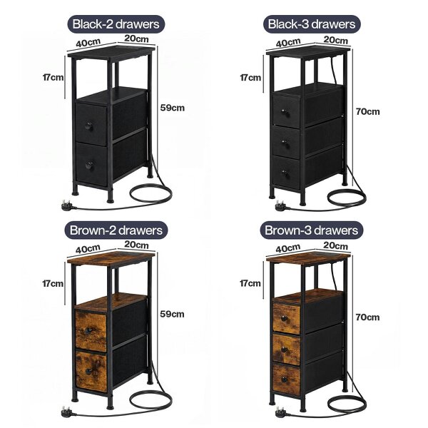 Levede Bedside Table Narrow Side Table with LED Charging Station Storage