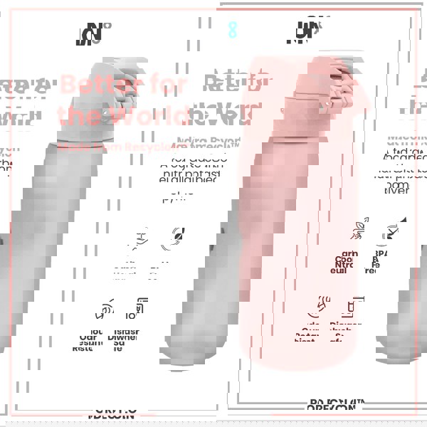 A pink water bottle sits against a white background. It is made from Recyclon™, a food-grade, carbon-neutral plant-based polymer; BPA free, odour resistant, and dishwasher safe.