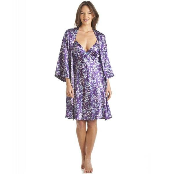 Luxury Kimono Style Purple Floral Satin Chemise And Wrap Set