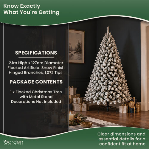 Flocked Woodcote Spruce Artificial Christmas Tree with Snow, 2.1m (7ft) Tall, 1072 Tips, Hinged Branches, 127cm Diameter, Metal Stand Included