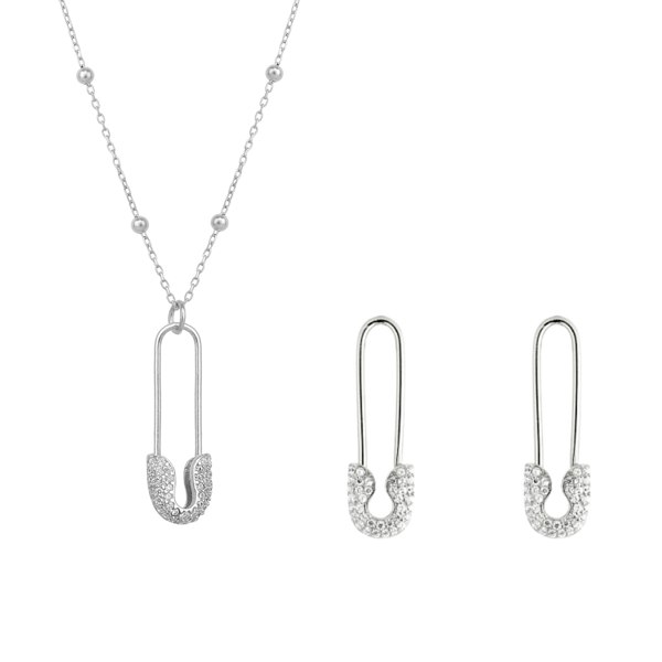 Spero London Sterling Silver Jewelled Safety Pin Necklace With Beaded Chain and Earring Set