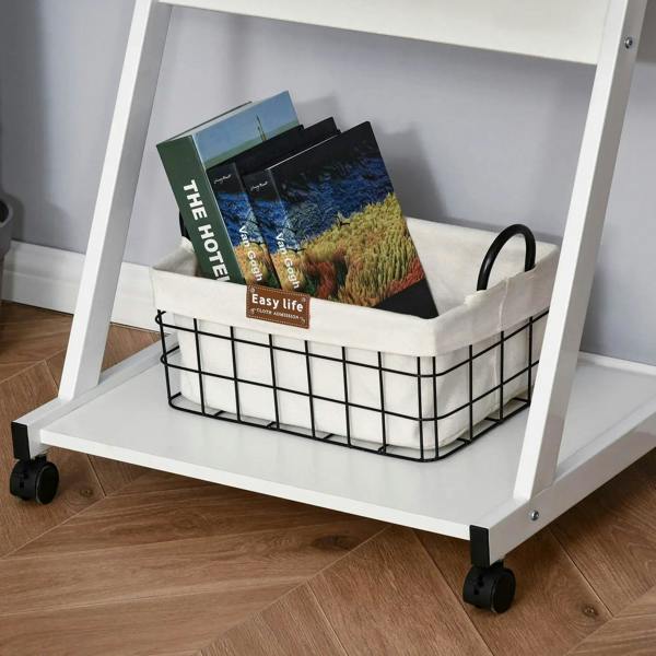 White lower storage shelf with wire basket and caster wheels