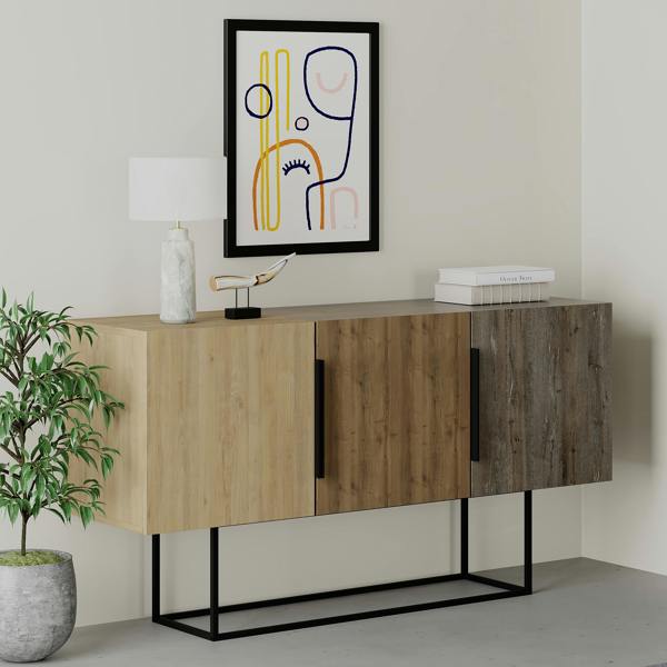 Decortie Tontini Modern Console Sideboard Display Unit with 3 Cabinets and Shelves Oak Dark Oak Effect Dark Coffee 150cm