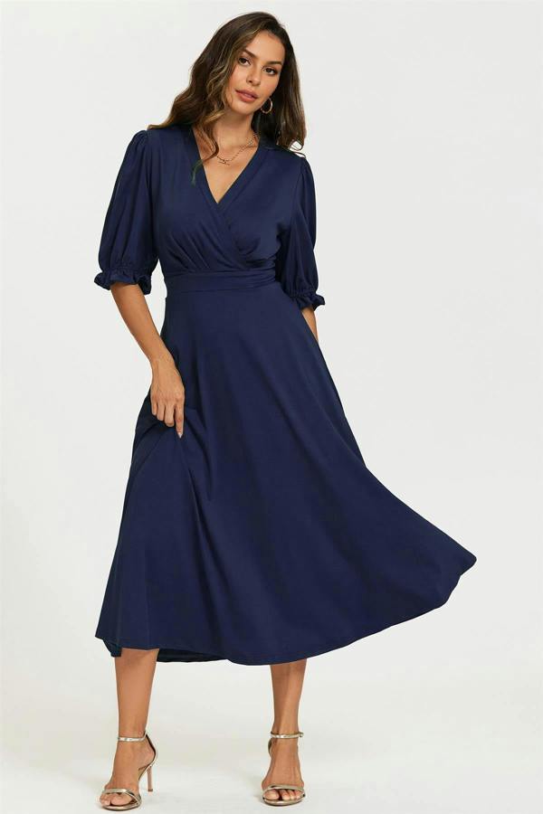 FS Collection Half Sleeves Jersey Midi Dress with Wrap Neckline In Navy