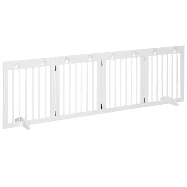 White folding pet gate with vertical bars and paw-print panels, freestanding with support feet