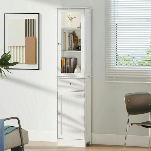 White freestanding bathroom cabinet with top door shelf and bottom drawer and door