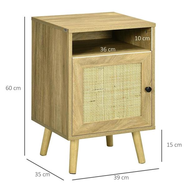 Natural wood bedside table with rattan door, open shelf, and side/front size markings