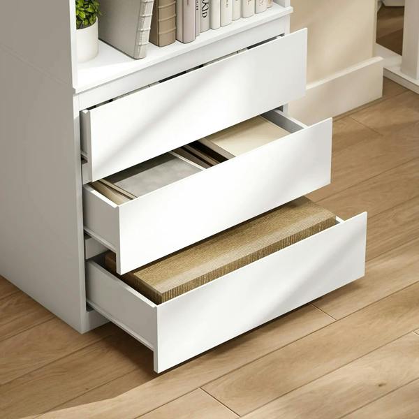 Close-up of white drawer unit on a bookcase with pull-out storage shelves.