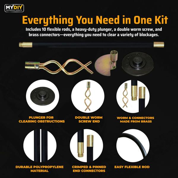 MY DIY PROFESSIONAL PRODUCTS MY DIY 31ft Drain Rod Set 14Pcs Includes Easy Carry Storage Bag Plunger Double Worm Screw & Connectors & Drain Unblocker