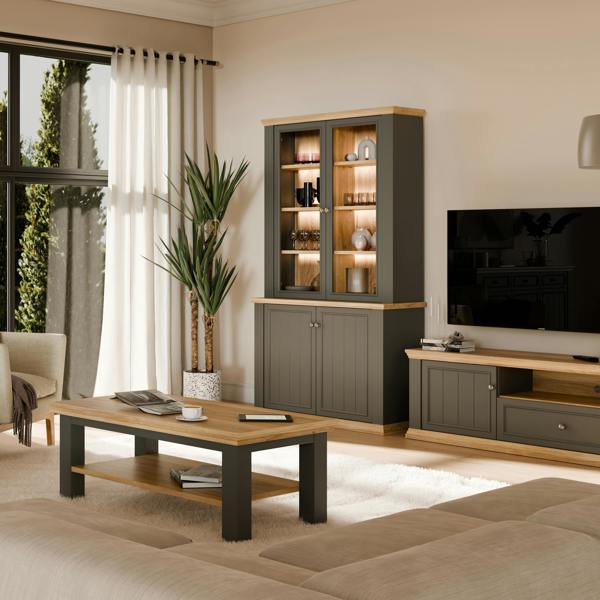 Furniture To Go Pontypool 4 Door Display Cabinet in Grey and Mauvella Oak