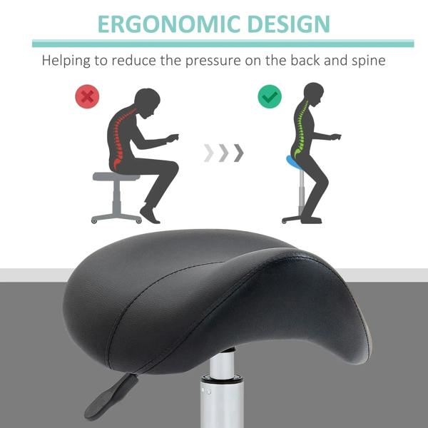 Black ergonomic saddle stool seat on swivel base with height-adjustable post