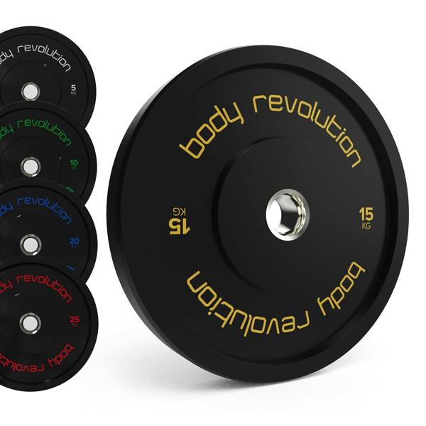 Body Revolution Olympic black bumper plate bundle featuring 15kg, 25kg, and 10kg weights with vibrant color coding and durable rubber material