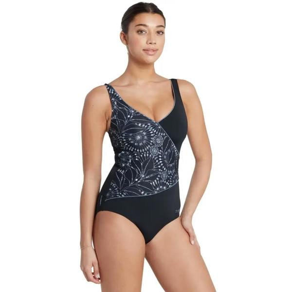 Zoggs Stellar Wrap black white floral mandala one-piece swimsuit