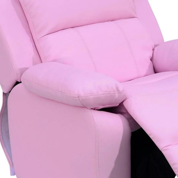 Close-up of pink padded recliner armrest and seat cushions