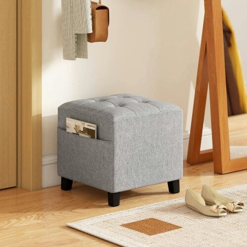 Bobobiy Square Footstool, Linen Fabric Footrest Foot Stool with Rubber Wood Legs and Padded Seat, 35 x 35cm, Light Grey, 35 x 35 x 35cm