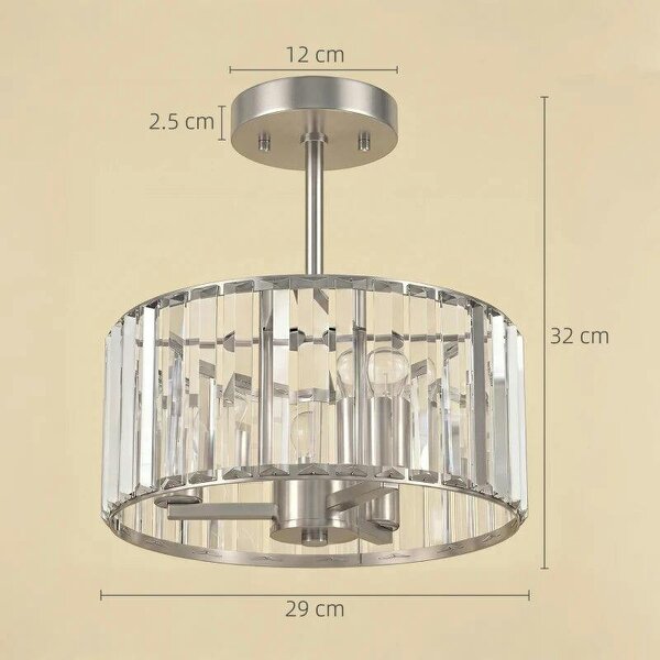 Semi Flush Mount Modern Crystal Chandelier Ceiling Light, Crystal Ceiling Light Fixture with E14 Base, Silver Tone
