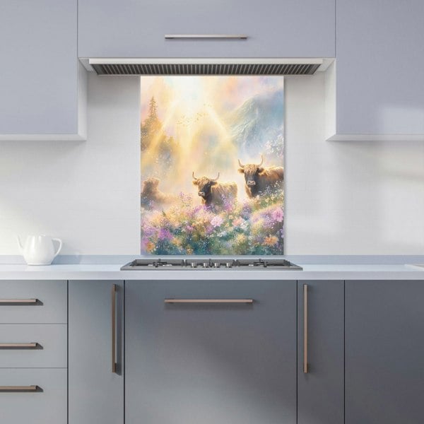 Warren Reed Highland Cows in Spring Glass Kitchen Splashback - 00021