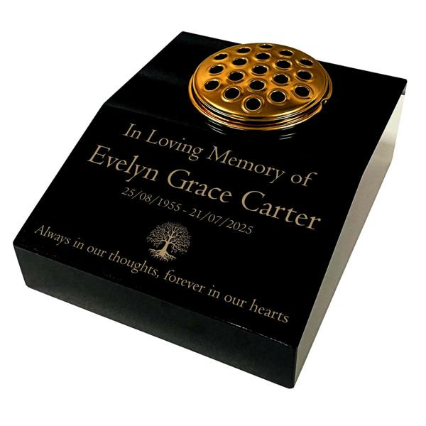 Memorials Direct Black Granite Sloping Memorial Desk with Vase – Tree of Life, Free Gold Engraving