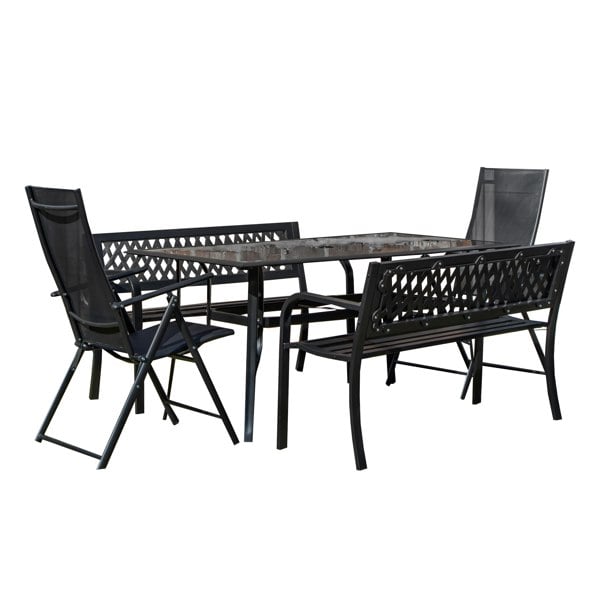 Samuel Alexander Outdoor 6 Person Rectangular Glass Top Garden Dining Table Benches & Chairs Set