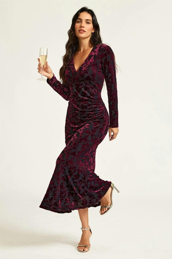 FS Collection Wine Floral Velvet Devore Long Sleeve Wrap Midi Dress In Black