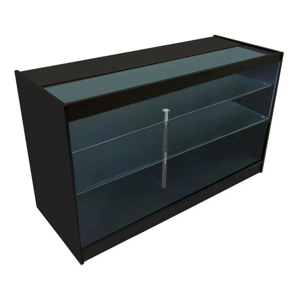 Astro LED shop counter set in black featuring a sleek design, glass shelves, and a modern finish, ideal for retail displays
