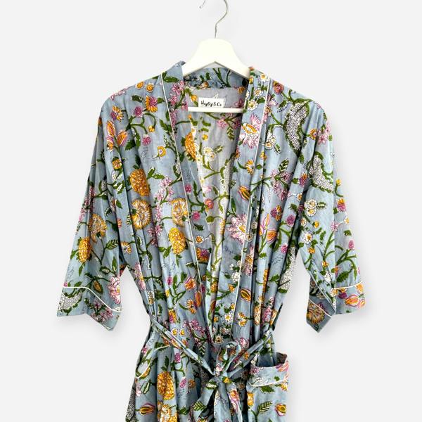 Hayley & Co Pale Blue Floral Block Print 100% Cotton Dressing Gown
