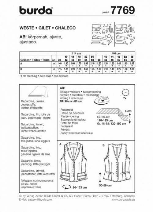 Burda Sewing Pattern 7769 Waistcoats For Women, Sizes: 12-32 - Intermediate