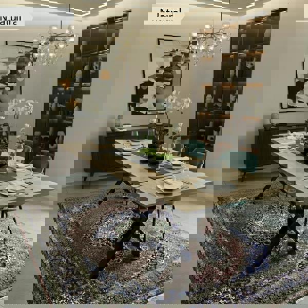 Modern oak dining table in a dining room with chairs, and decorative elements.