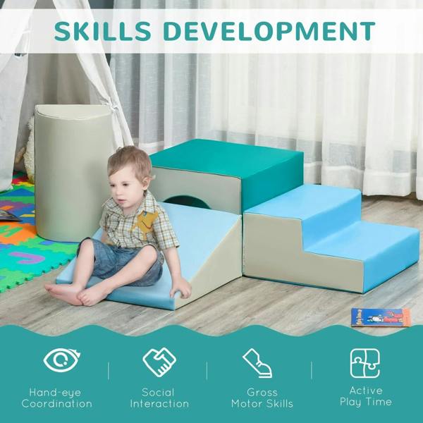 Toddler playing on a multicolor foam play set with teal and light blue steps