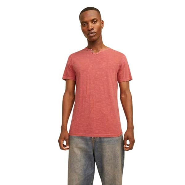 Jack And Jones Mens Notch Neck Regular T-Shirt - Red Ochre - 