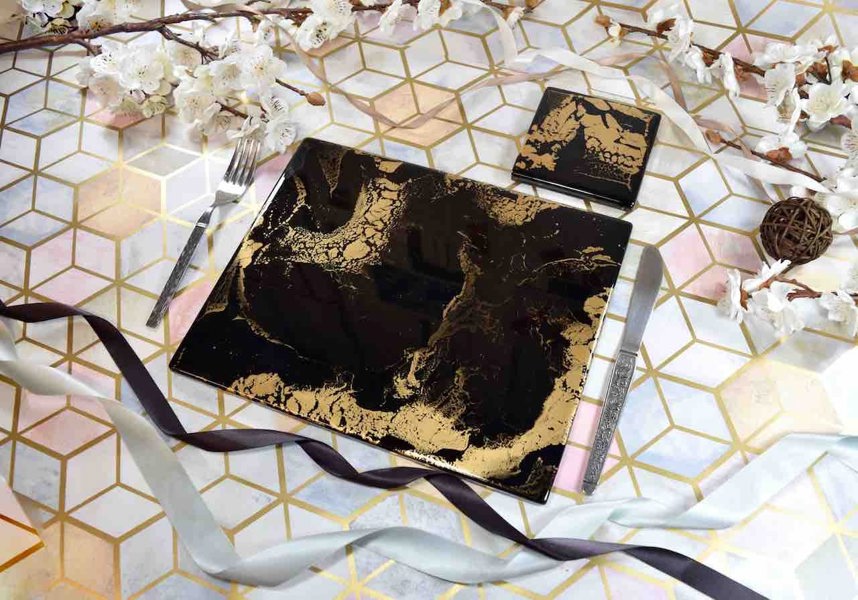 Kate Chesters Art Black Gold Resin Placemats and Coasters Dining Set - Heat Tolerant