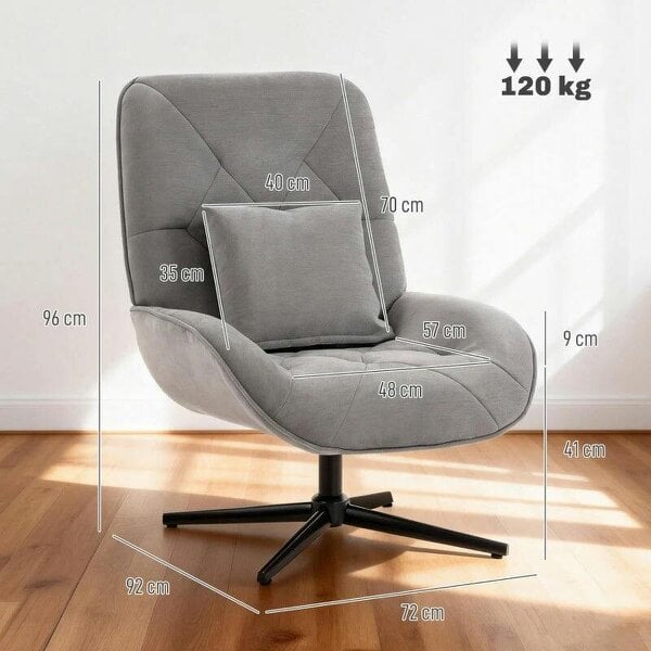 Accent Chair, Chenille Upholstered Swivel Armchair with Lumbar Pillow, High Back, Deep Seat and Metal Legs, Light Grey