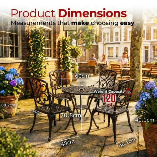 Centurion VIVALDI Black 5-Piece Cast Aluminium Garden Bistro Set - Rust-Proof Round Table with Parasol Hole & 4 Large Armchairs - Baroque Design