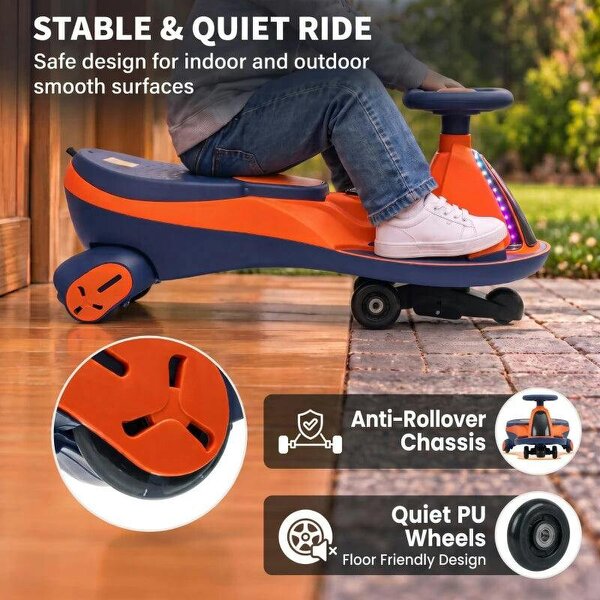 12V Electric Wiggle Car, 2-In-1 Kids Ride On Toy with 2 Speeds, Soft Start, PU Wheels, RGB Lights, Up to 60 kg, Orange