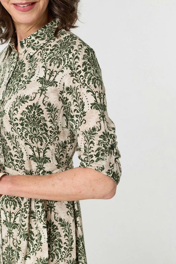 Green | Baroque Print Tie Waist Midi Shirt Dress
